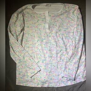 Women’s Long Sleeve Henley Pajama Top in Pink & Green Print